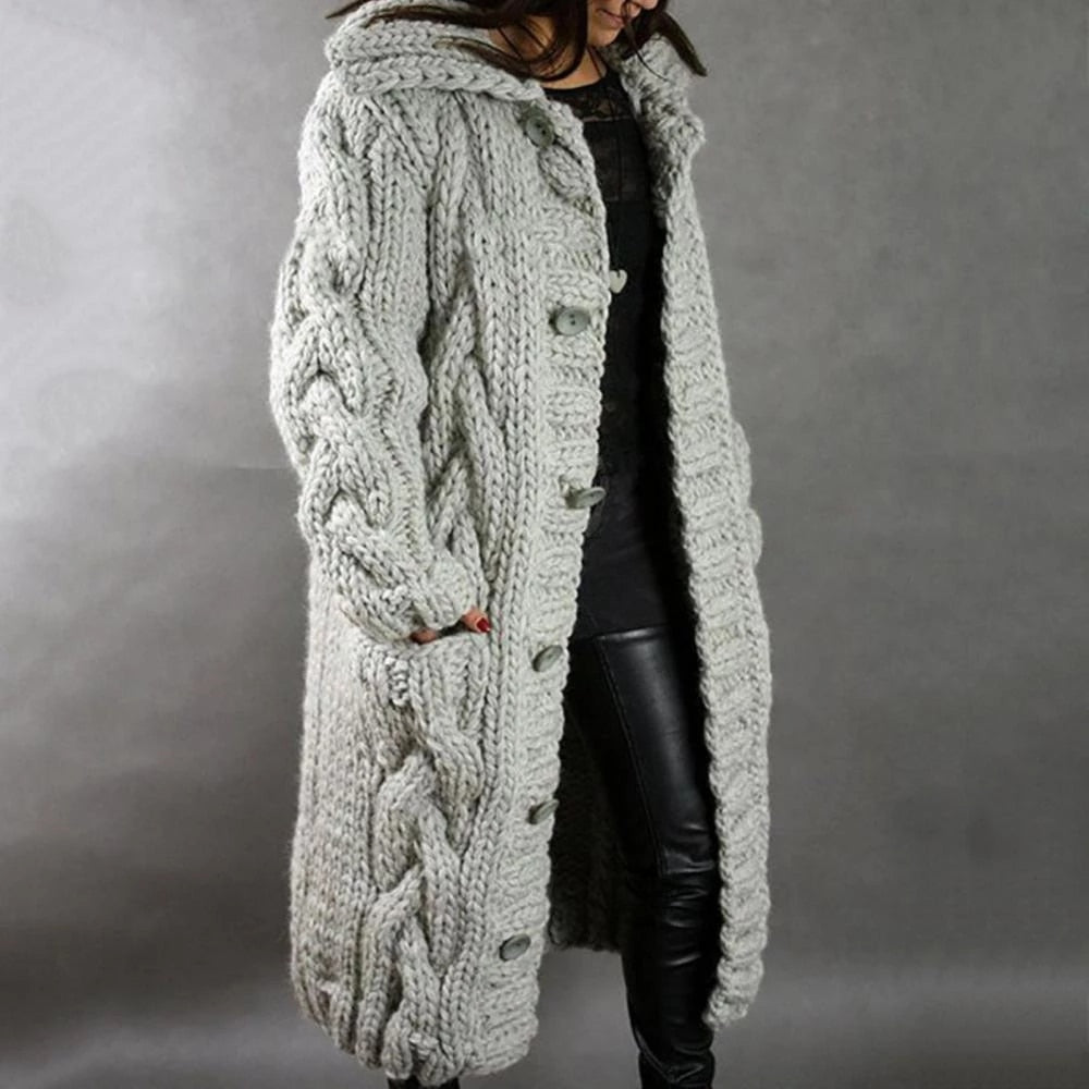 Josie | Dames Lange Grof Gebreide Cardigan met Capuchon