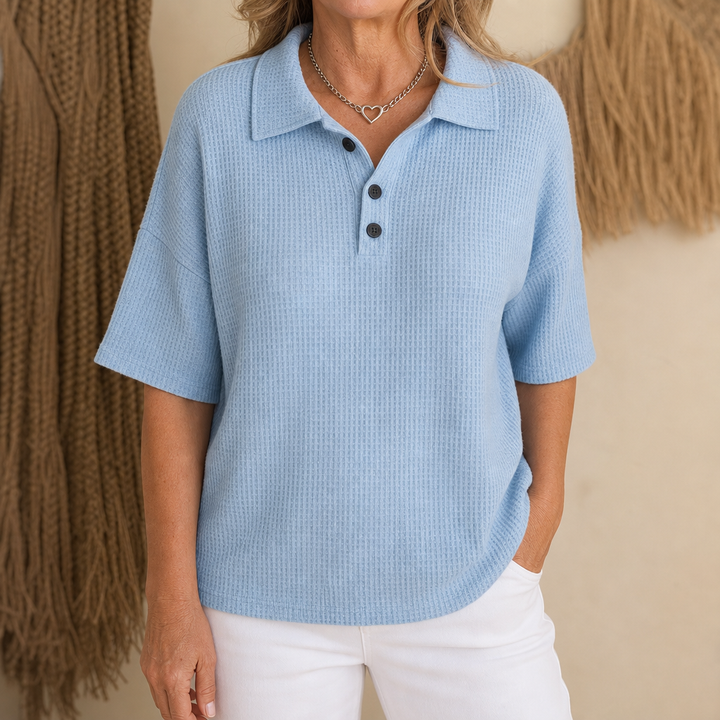 Waffield – Wafelgebreide Open-Kraag Polo Blouse
