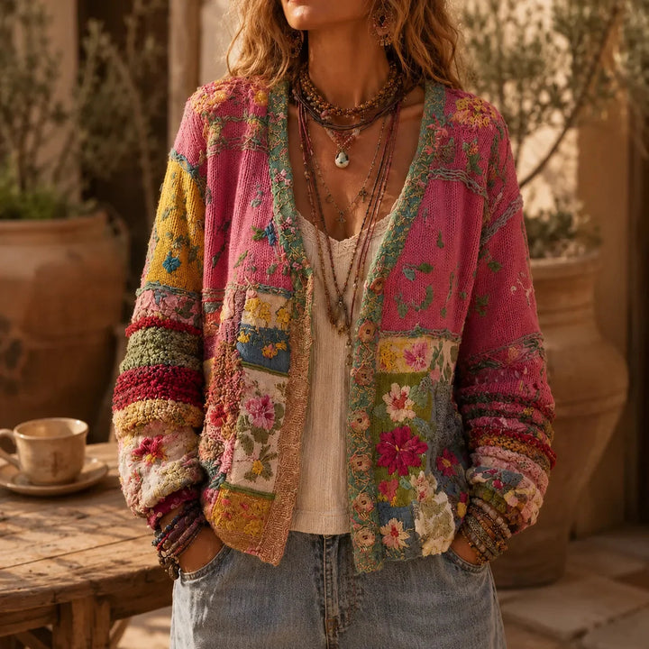Solenne – Geborduurde Look Bloemen Patchwork Boho Cardigan