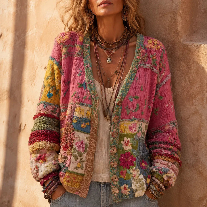Solenne – Geborduurde Look Bloemen Patchwork Boho Cardigan