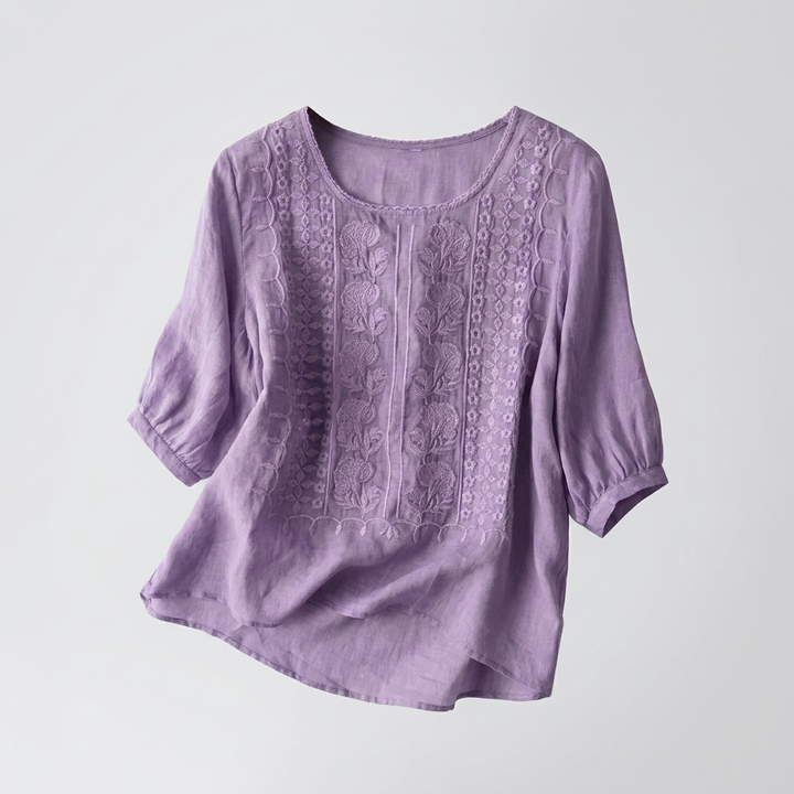 Dames Geborduurde Ronde Hals Blouse