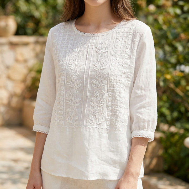 Dames Geborduurde Ronde Hals Blouse