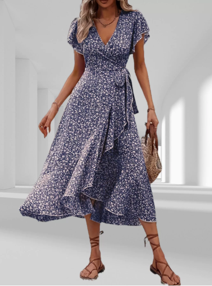 Gebloemd Wikkeljurk met V-hals & Ruffles – Zomerachtig & Elegant