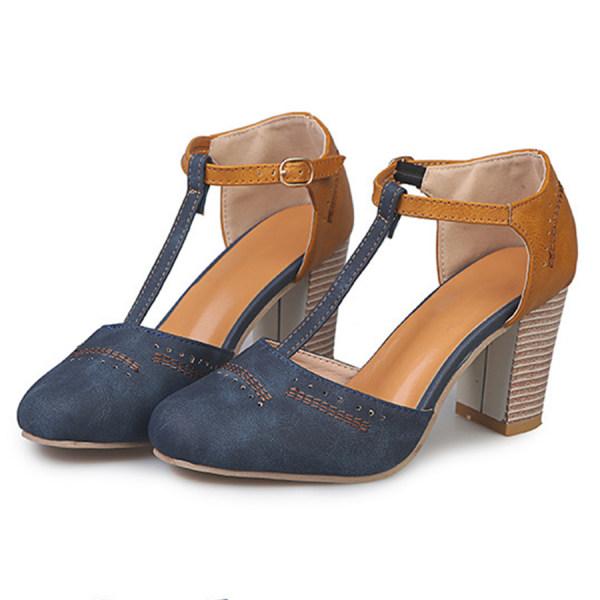 Andrea | Dames Vintage T-strap Sandalen Met Contrasterende Kleuren En Blokhak