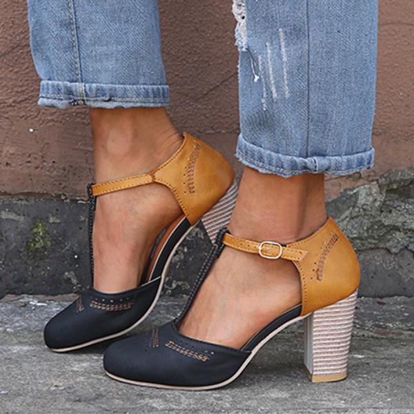Andrea | Dames Vintage T-strap Sandalen Met Contrasterende Kleuren En Blokhak