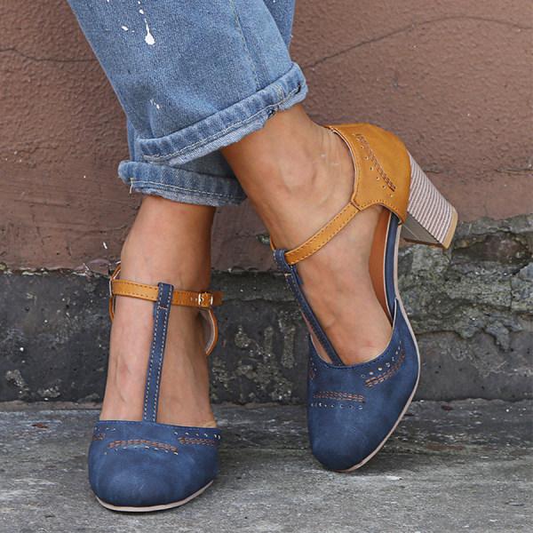 Andrea | Dames Vintage T-strap Sandalen Met Contrasterende Kleuren En Blokhak