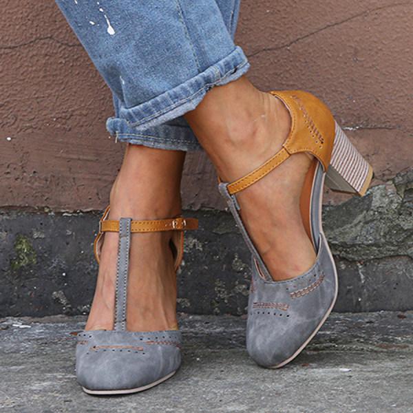 Andrea | Dames Vintage T-strap Sandalen Met Contrasterende Kleuren En Blokhak