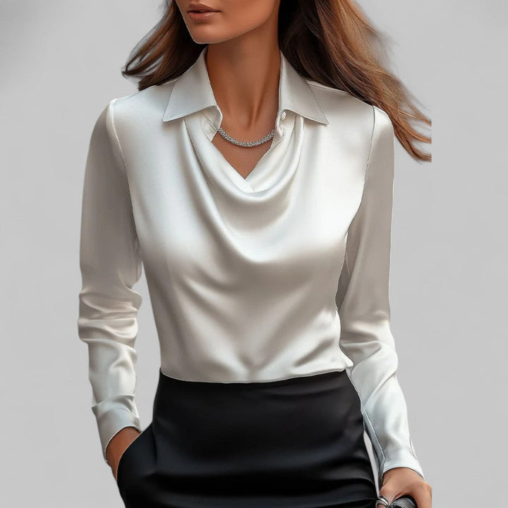 Kendra | Dames Satijnen Blouse met Watervalhals en Lange Mouwen
