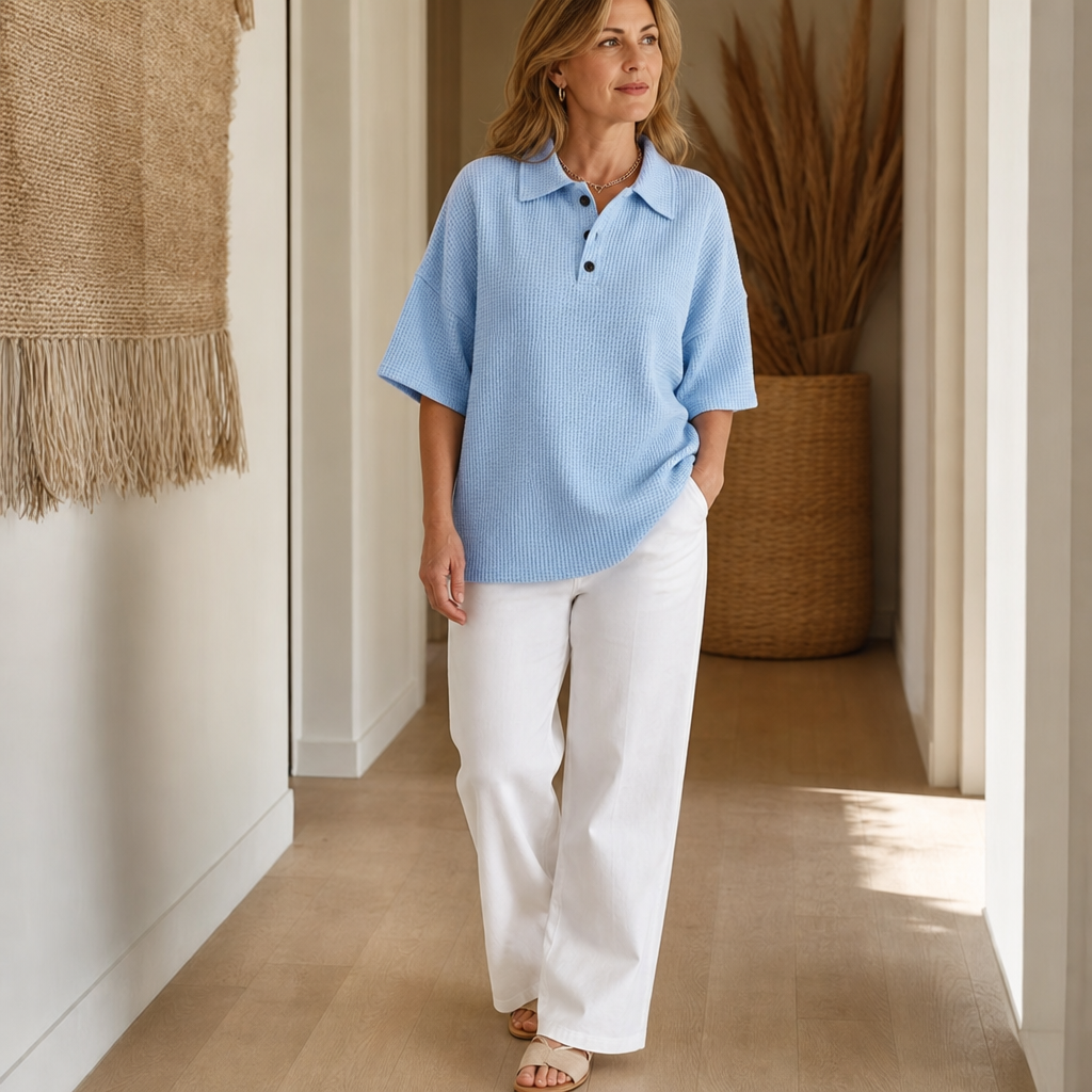 Waffield – Wafelgebreide Open-Kraag Polo Blouse