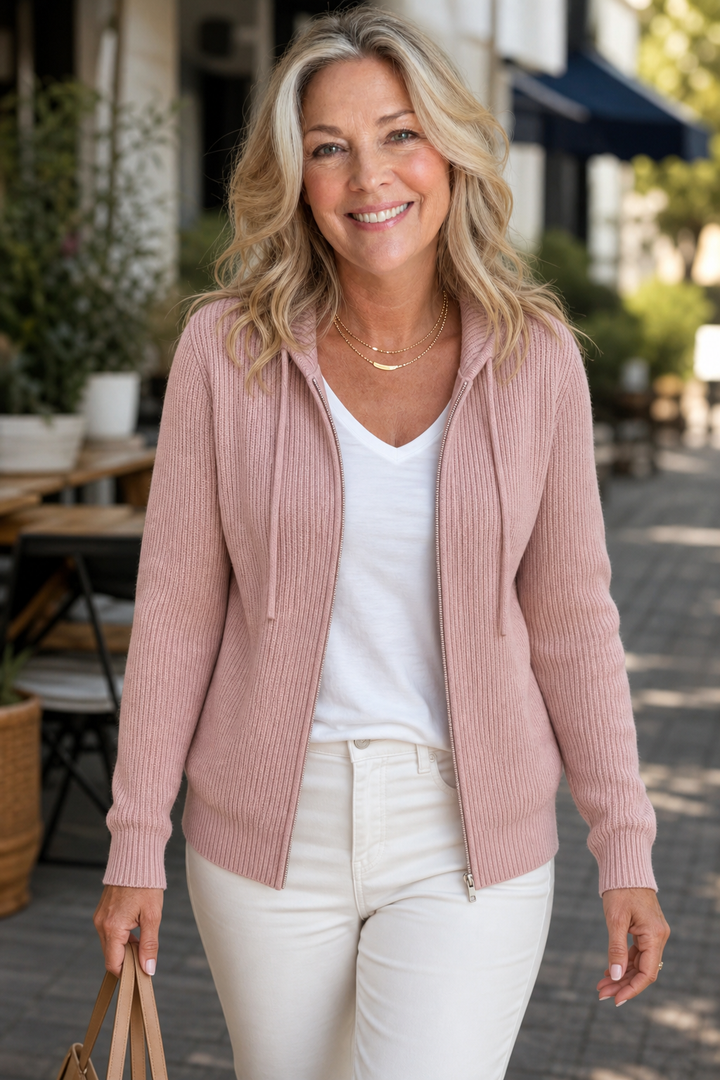 Stripevie – Geribbelde Stretch-Knit Zip-Up Cardigan