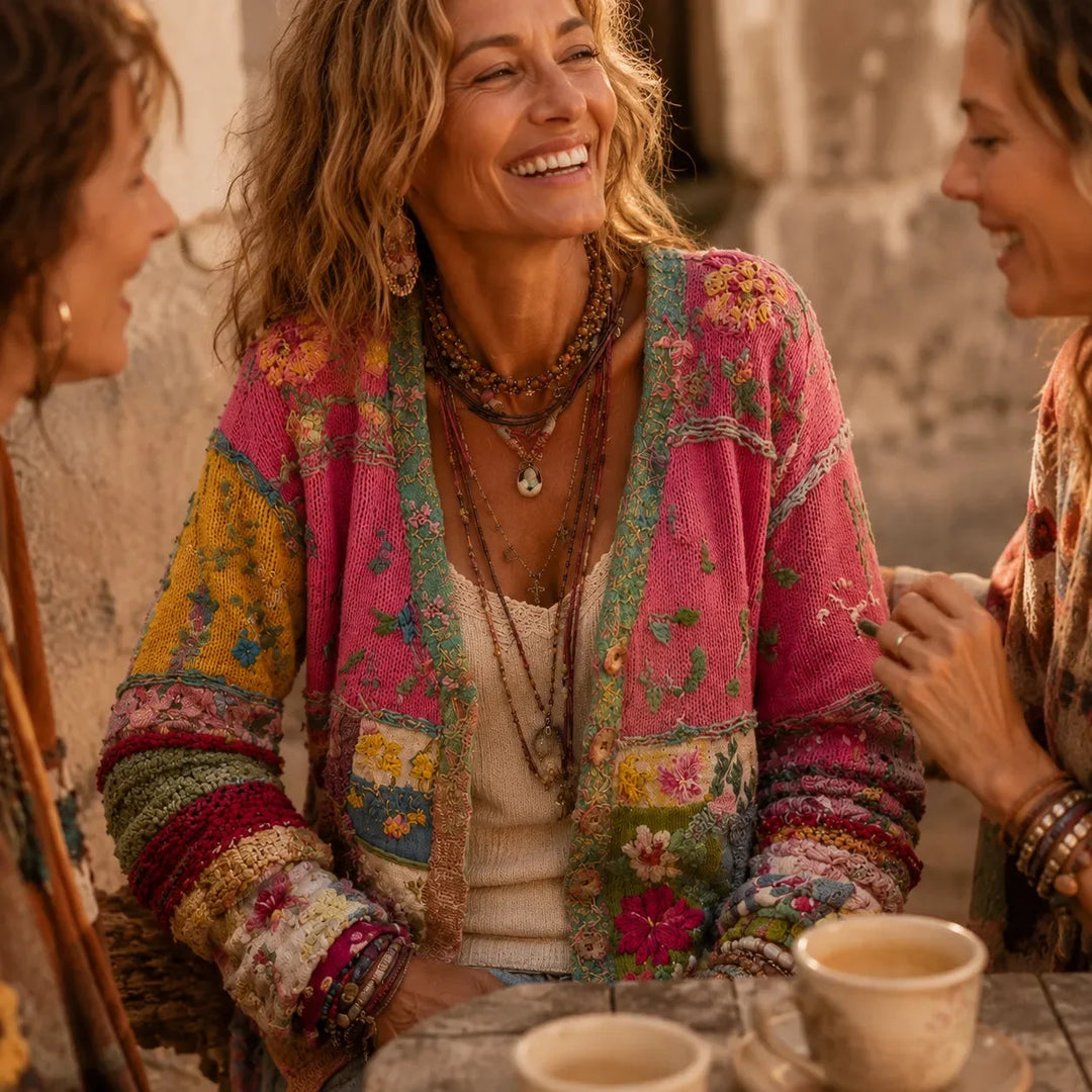 Solenne – Geborduurde Look Bloemen Patchwork Boho Cardigan