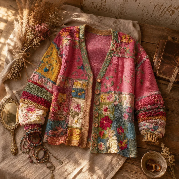 Solenne – Geborduurde Look Bloemen Patchwork Boho Cardigan