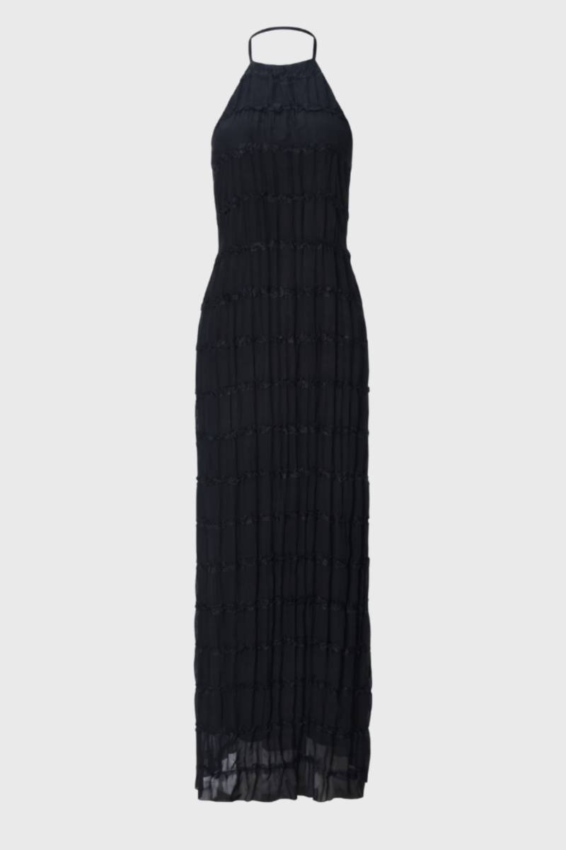 Zwarte Geplooide Halter Maxi Jurk