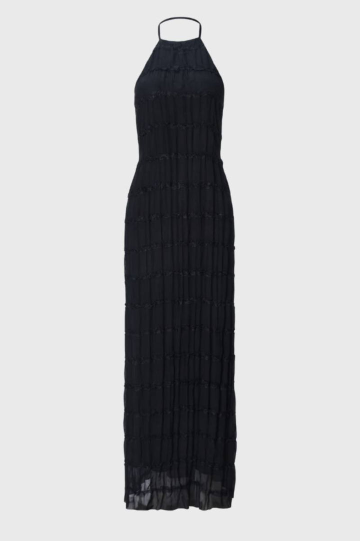 Zwarte Geplooide Halter Maxi Jurk