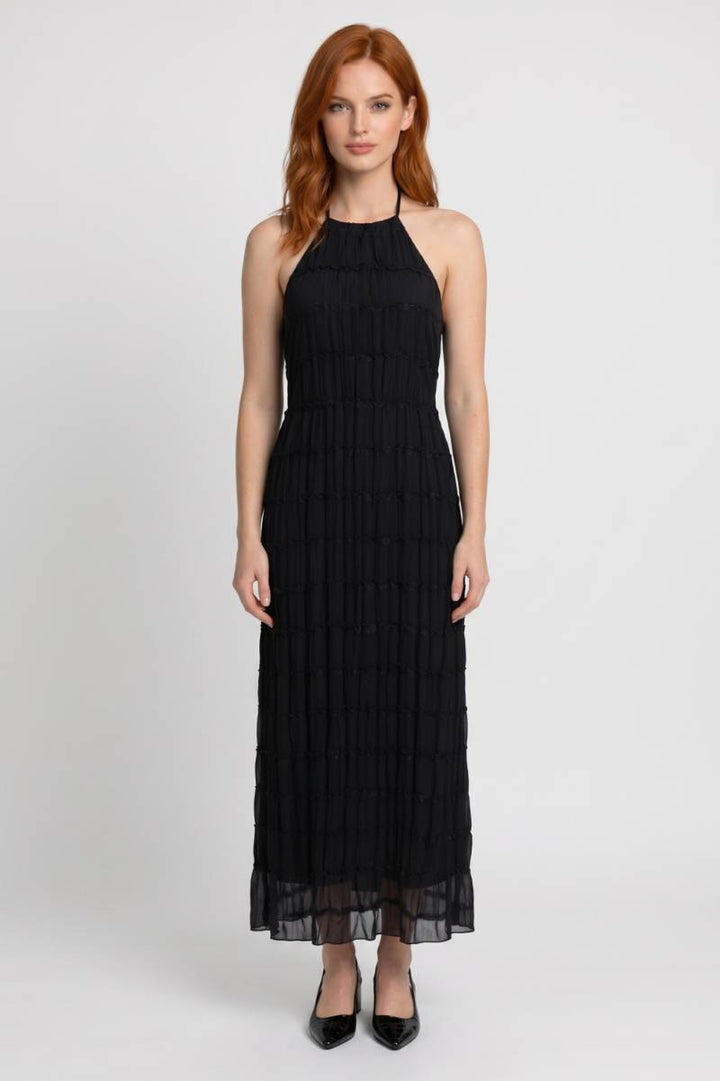 Zwarte Geplooide Halter Maxi Jurk