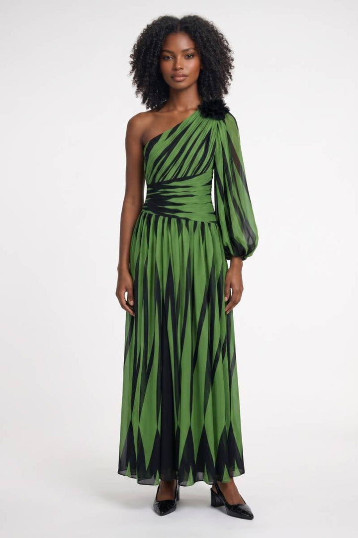 Groene One Shoulder Maxi Jurk met Print