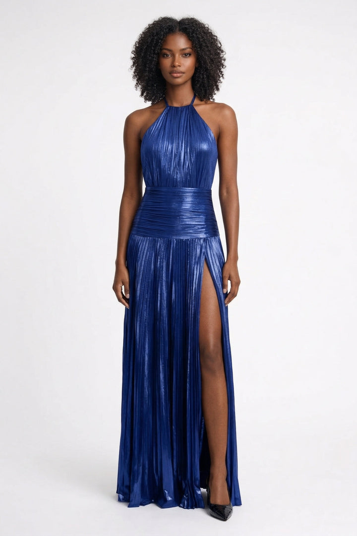 Blauwe Metallic Maxi Jurk met Split