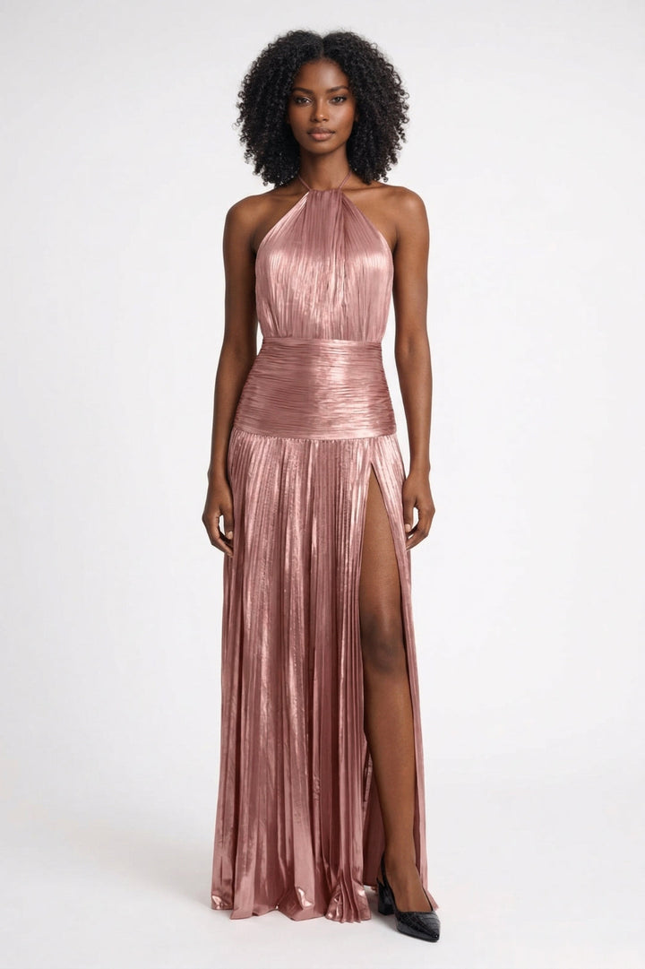 Blauwe Metallic Maxi Jurk met Split