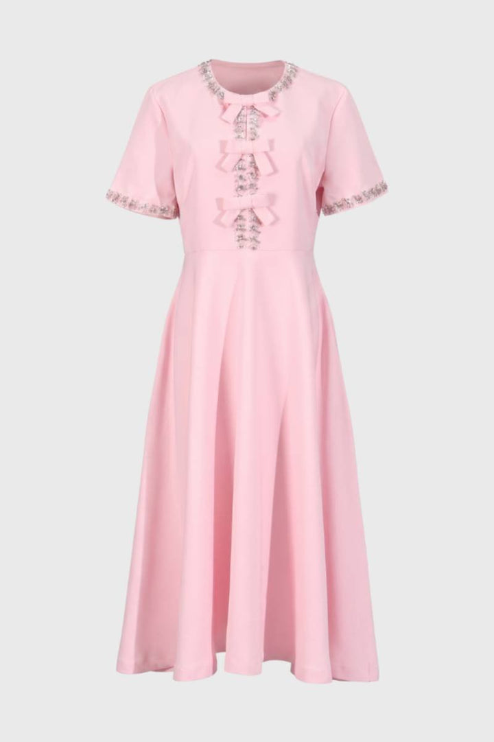 Roze Elegante Midi Jurk met Strikdetails