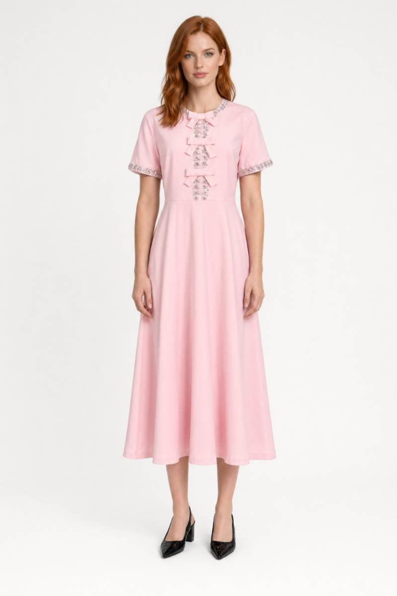 Roze Elegante Midi Jurk met Strikdetails