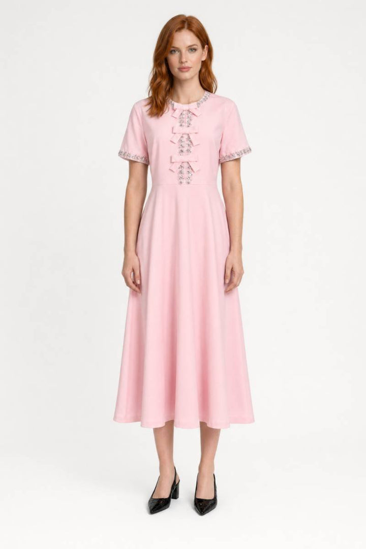 Roze Elegante Midi Jurk met Strikdetails