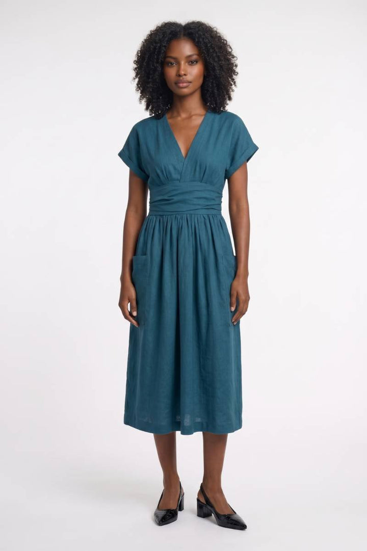 Blauwe Midi Jurk met V Hals