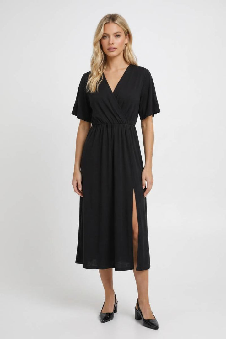 Zwarte Elegante Midi Jurk met V Hals