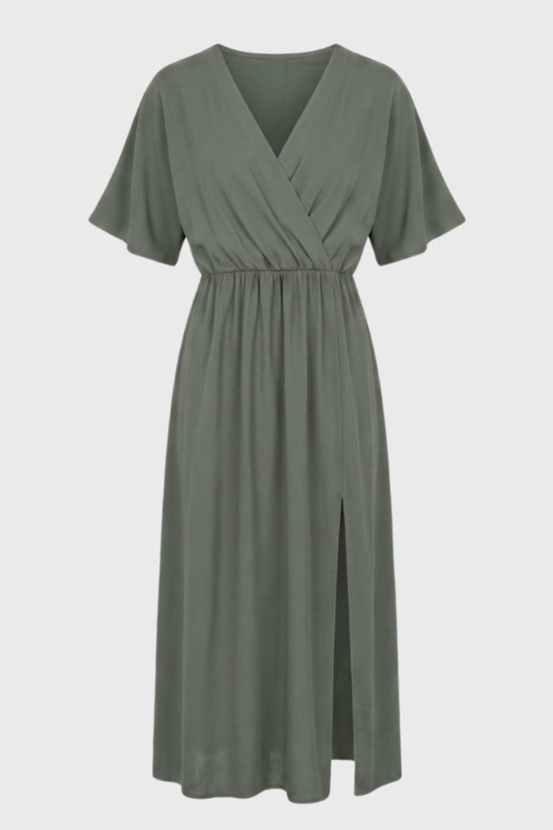 Zwarte Elegante Midi Jurk met V Hals