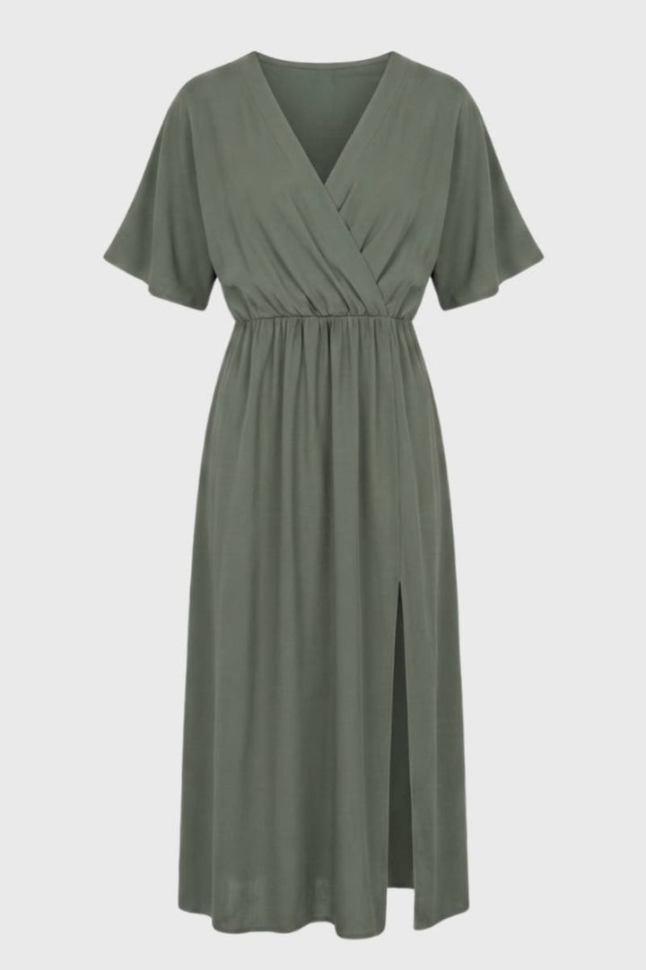 Zwarte Elegante Midi Jurk met V Hals