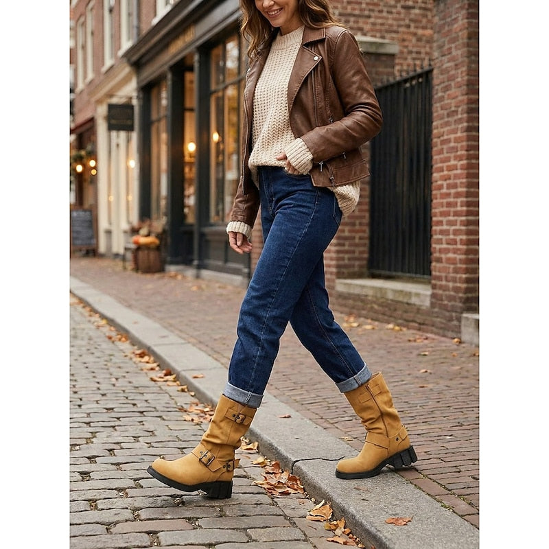 Sylvia | Bikerlaarzen met Gesp-Detail tot de Middenkuit