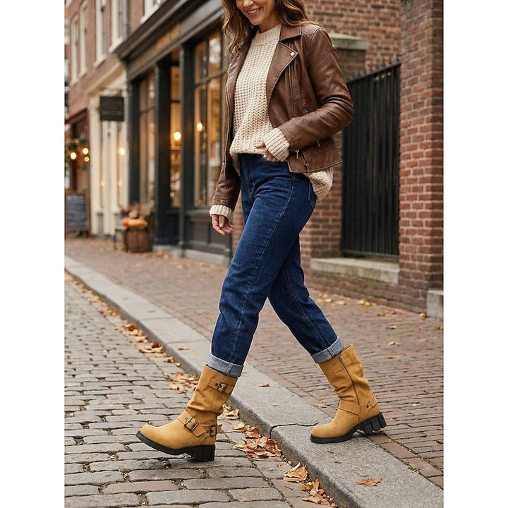 Sylvia | Bikerlaarzen met Gesp-Detail tot de Middenkuit