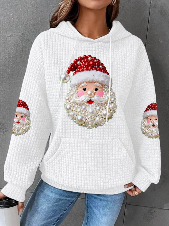 Dames Kerstparels Santa Claus Druk Casual Wafel Hoodie