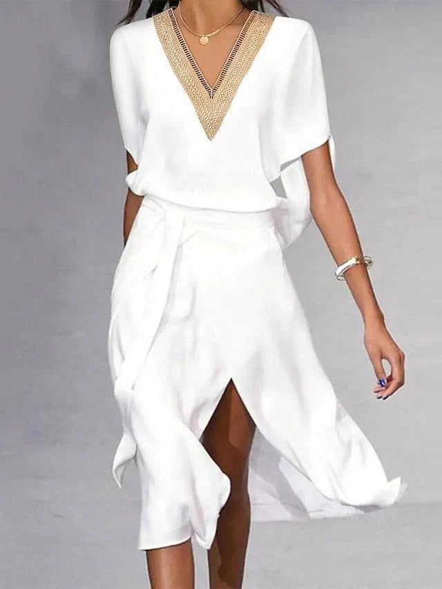 Livia - Moderne Witte Midi-Jurk met Chic V-Hals