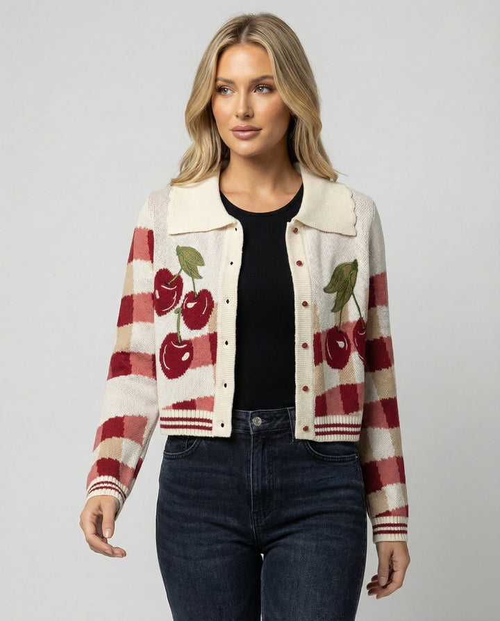 Dames Korte Gebreide Cardigan met Kersenbloesem Bloemmotief