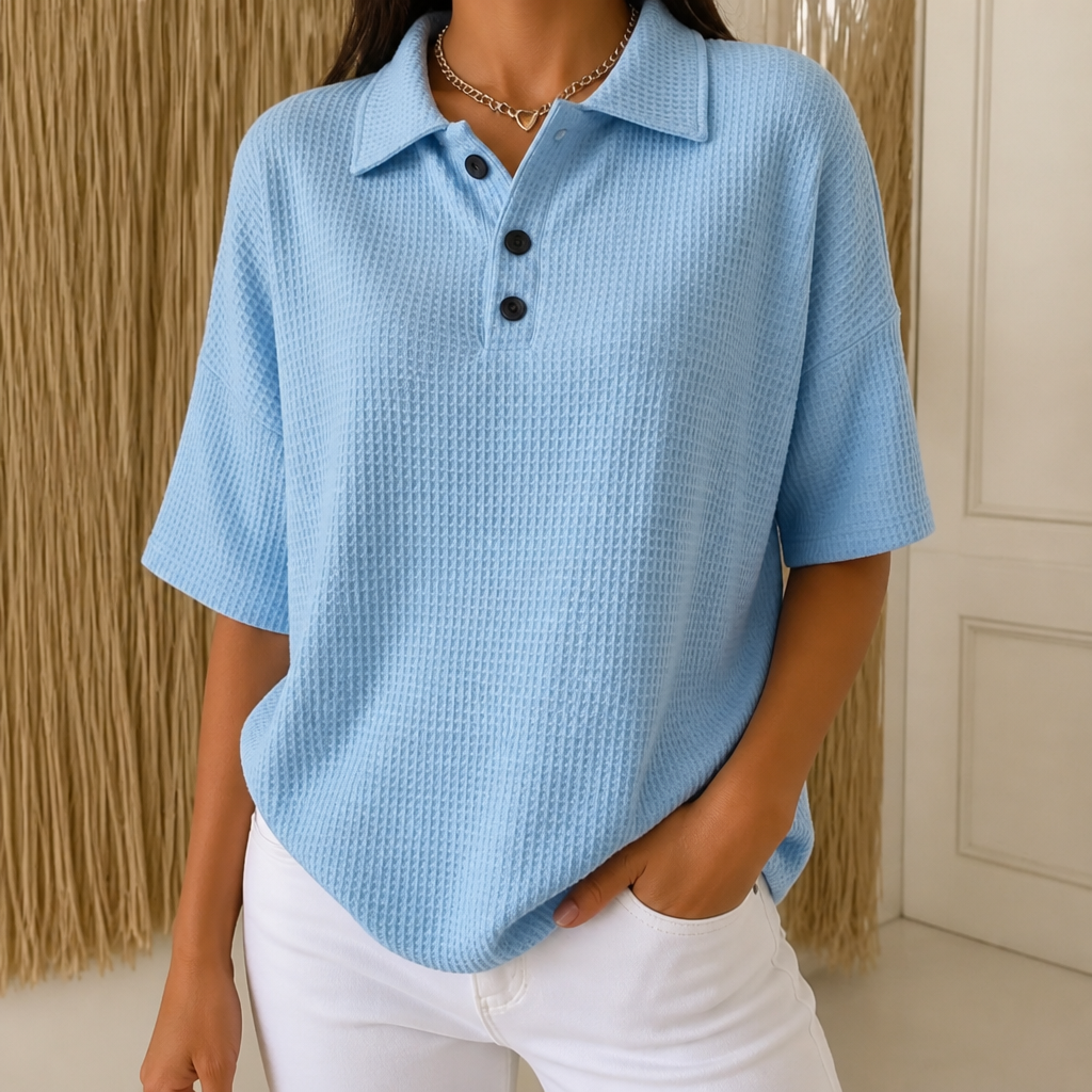 Waffield – Wafelgebreide Open-Kraag Polo Blouse