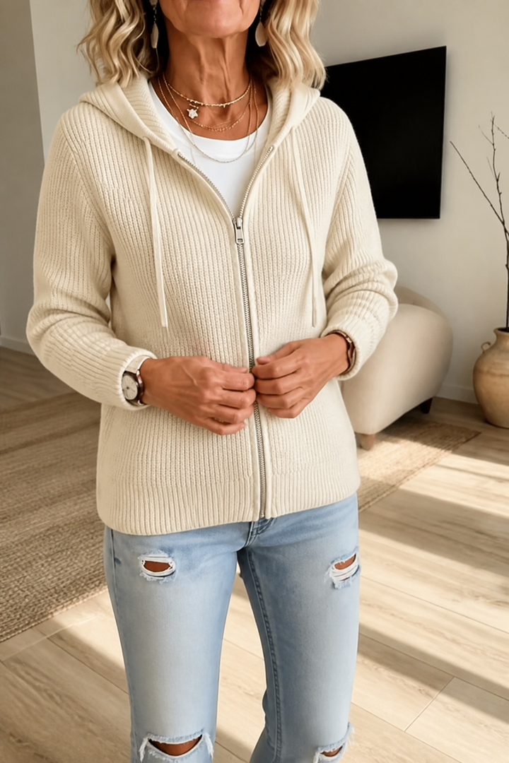 Stripevie – Geribbelde Stretch-Knit Zip-Up Cardigan