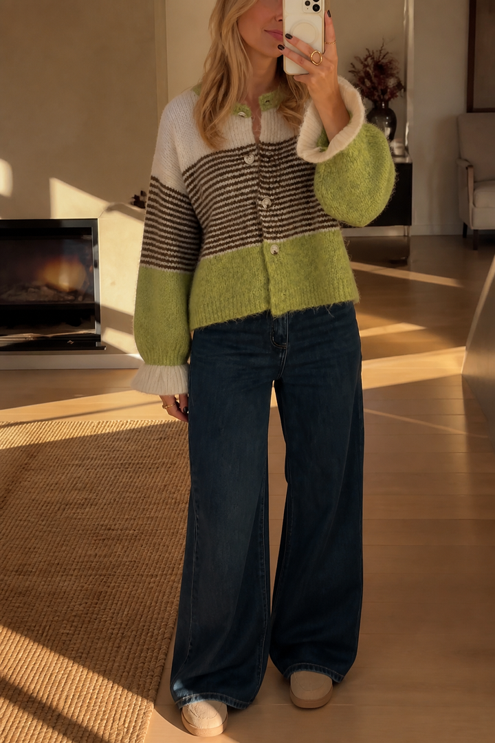 Warmweave – Kleur-Block Gestreepte Open-Front Gebreide Cardigan