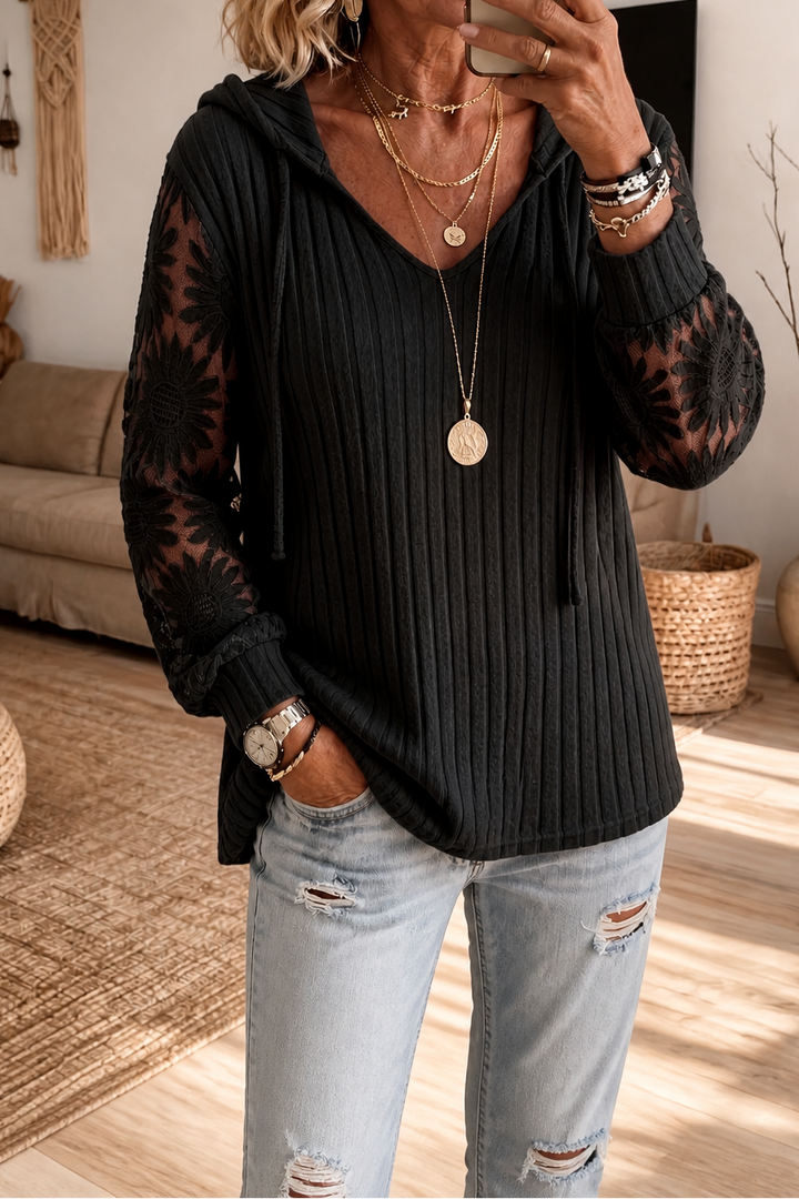 Lunetta – Kanten Mouwen Geribbelde Trui Hoodie Cardigan