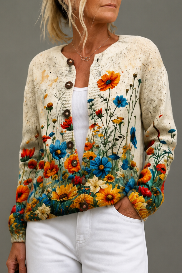 Helena – Gebloemde Open-Voorkant Gebreide Cardigan