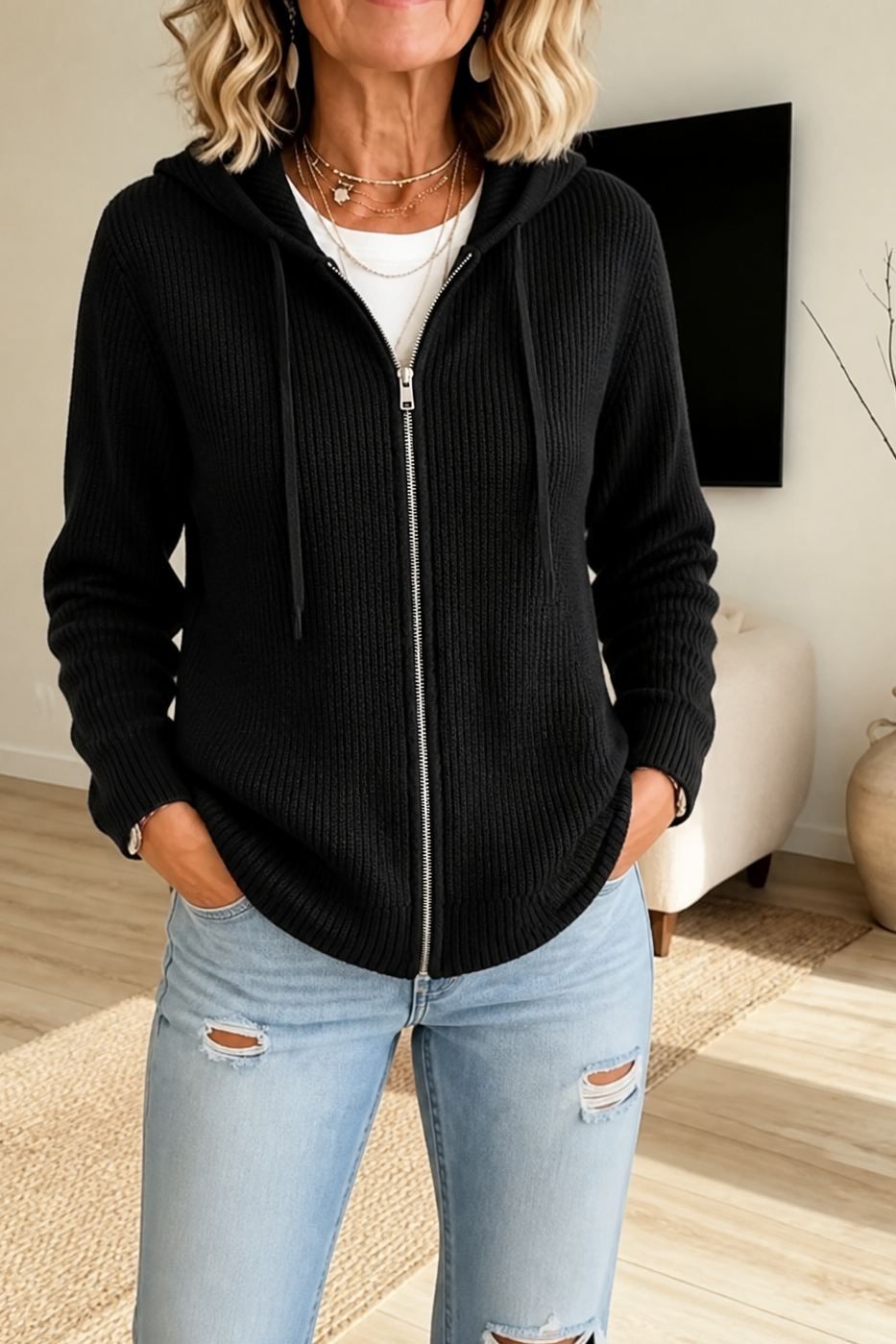 Stripevie – Geribbelde Stretch-Knit Zip-Up Cardigan