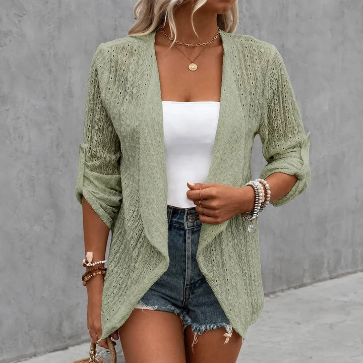 Solelle – Eyelet Waterfall Open-Front Cardigan voor Vrouwen