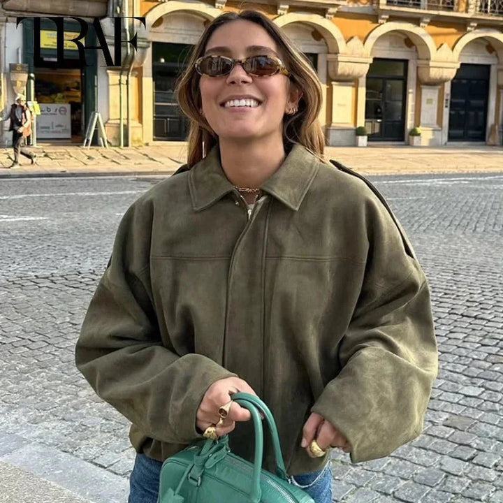 Dames Oversized Faux Suède Bomberjack met Relaxed Streetwear Pasvorm