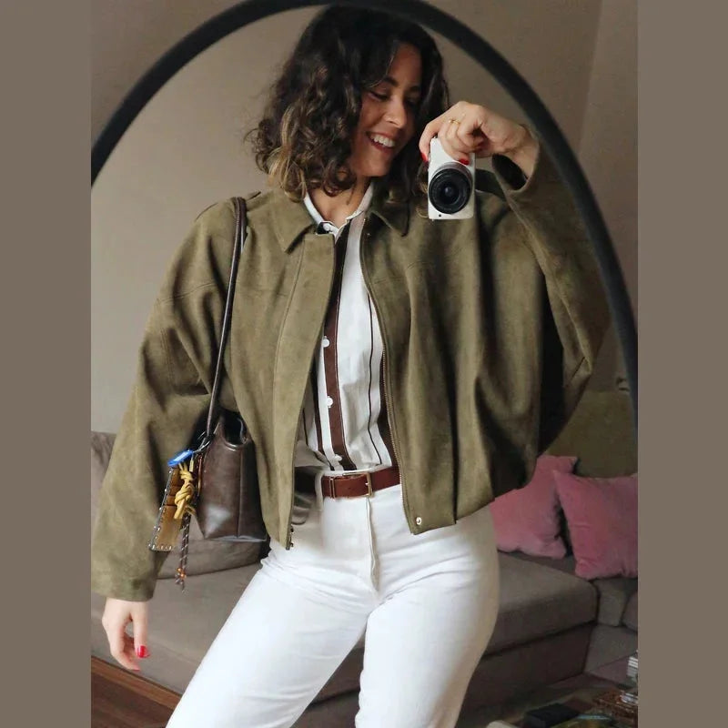 Dames Oversized Faux Suède Bomberjack met Relaxed Streetwear Pasvorm
