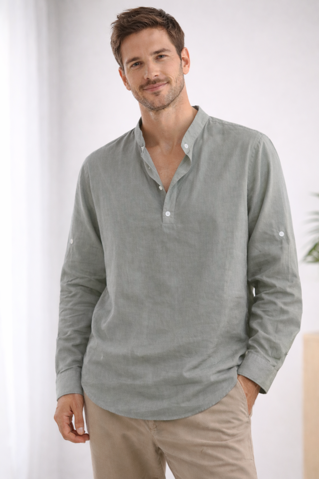 Van Dam | Heren Casual Bandkraag Langemouwen Shirt