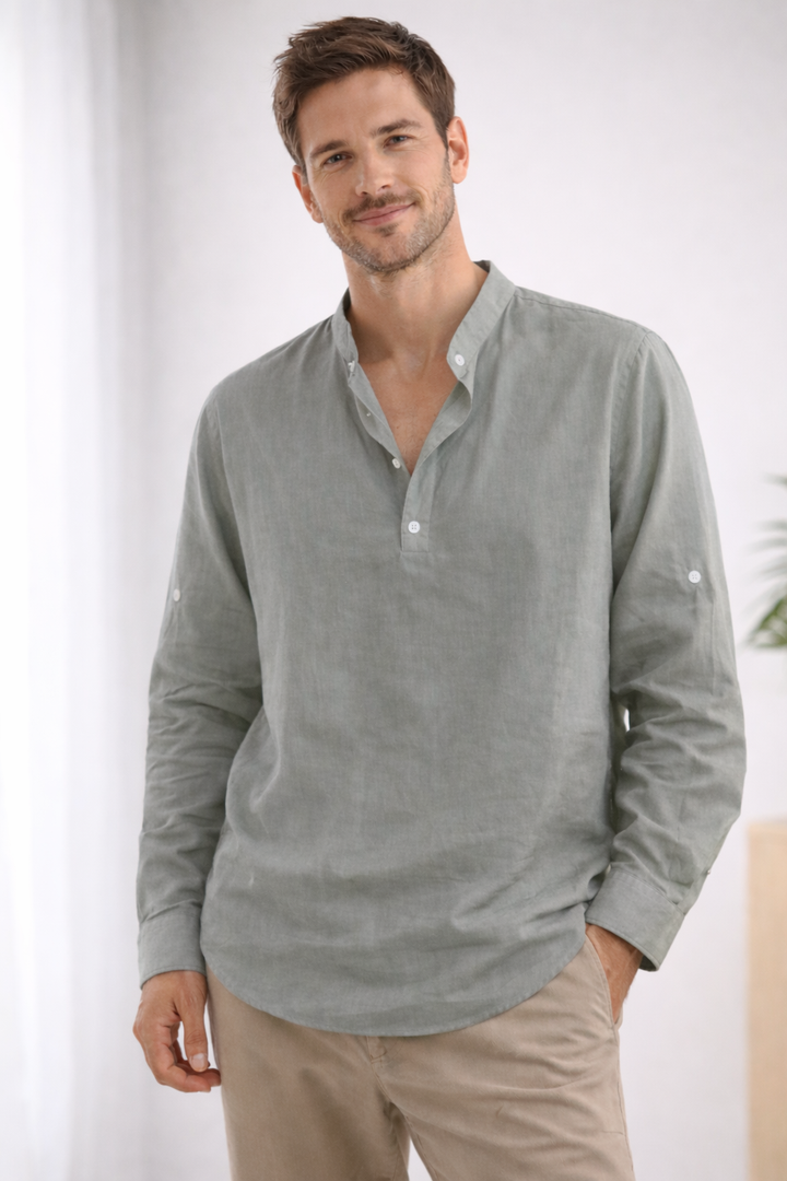 Van Dam | Heren Casual Bandkraag Langemouwen Shirt