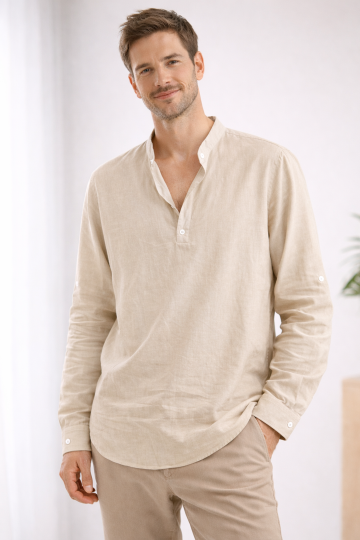 Van Dam | Heren Casual Bandkraag Langemouwen Shirt