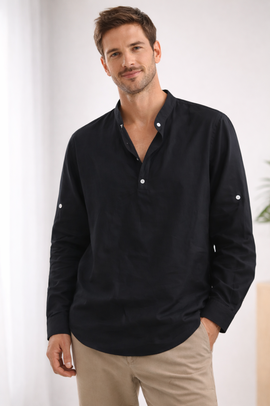 Van Dam | Heren Casual Bandkraag Langemouwen Shirt