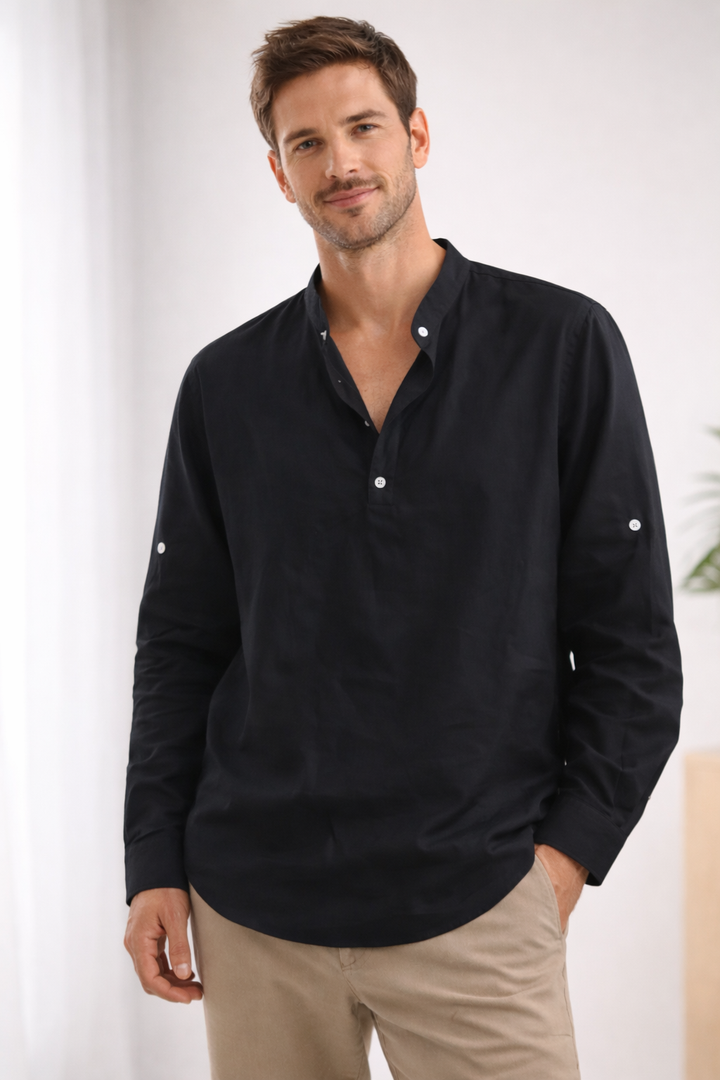 Van Dam | Heren Casual Bandkraag Langemouwen Shirt