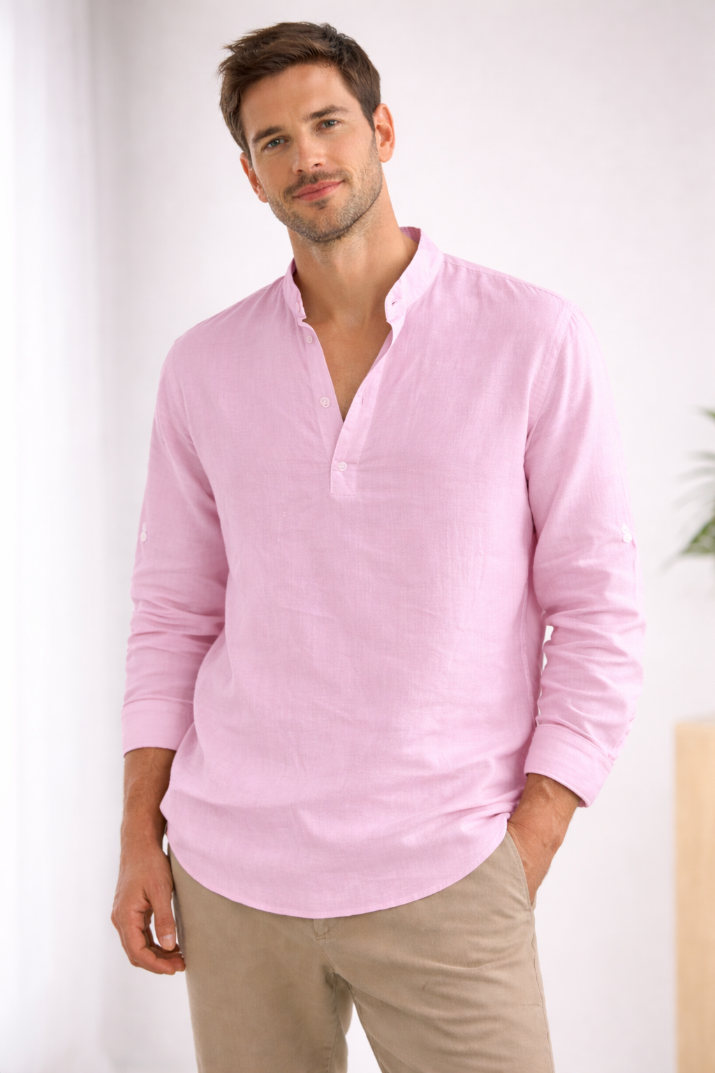Van Dam | Heren Casual Bandkraag Langemouwen Shirt