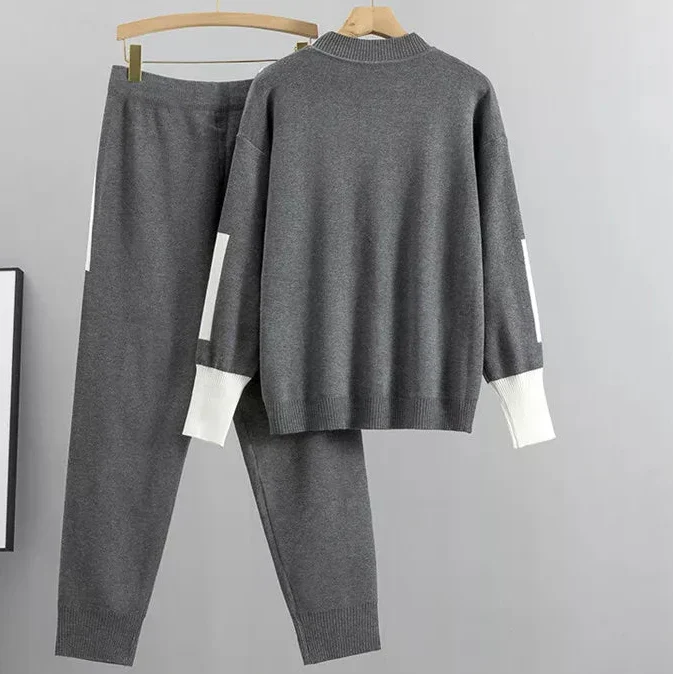 Dames Casual Brei Set met Hoger Hals Top en Trekkoord Joggers